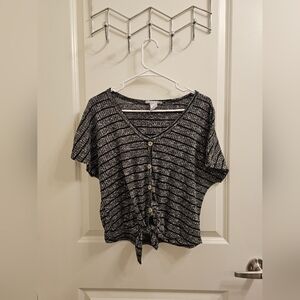 Caution To The Wind Grey & Black Striped Tie-Front Top